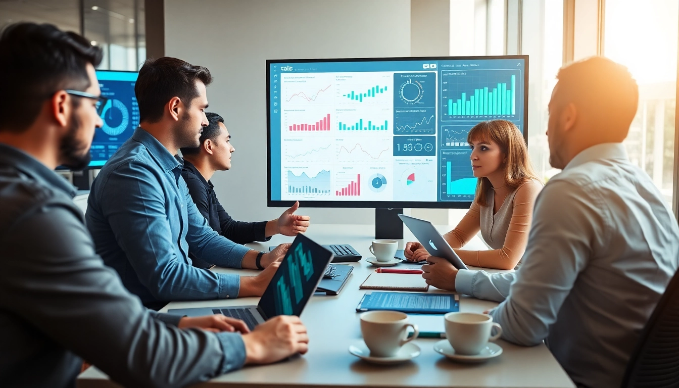 Sales team utilizing competitive intelligence for sales data in a collaborative office environment.