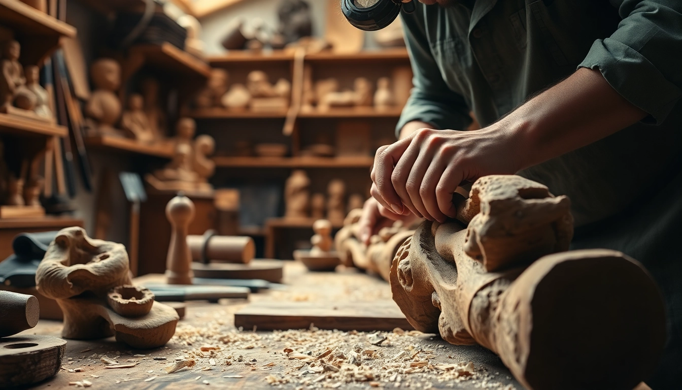 Artisan creating olive wood carvings with intricate details in a warm workshop setting.