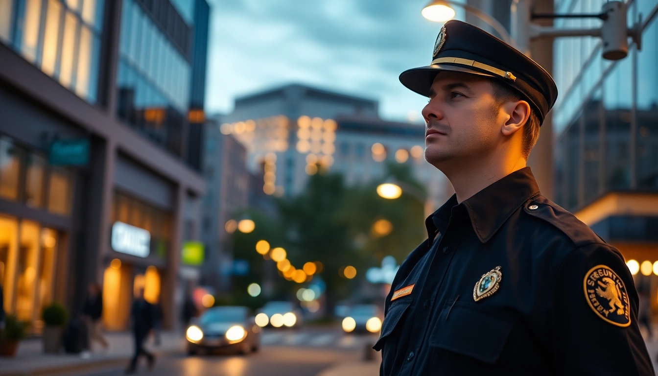 Security Services Fredericksburg: Professional guard monitoring city streets for safety and security.