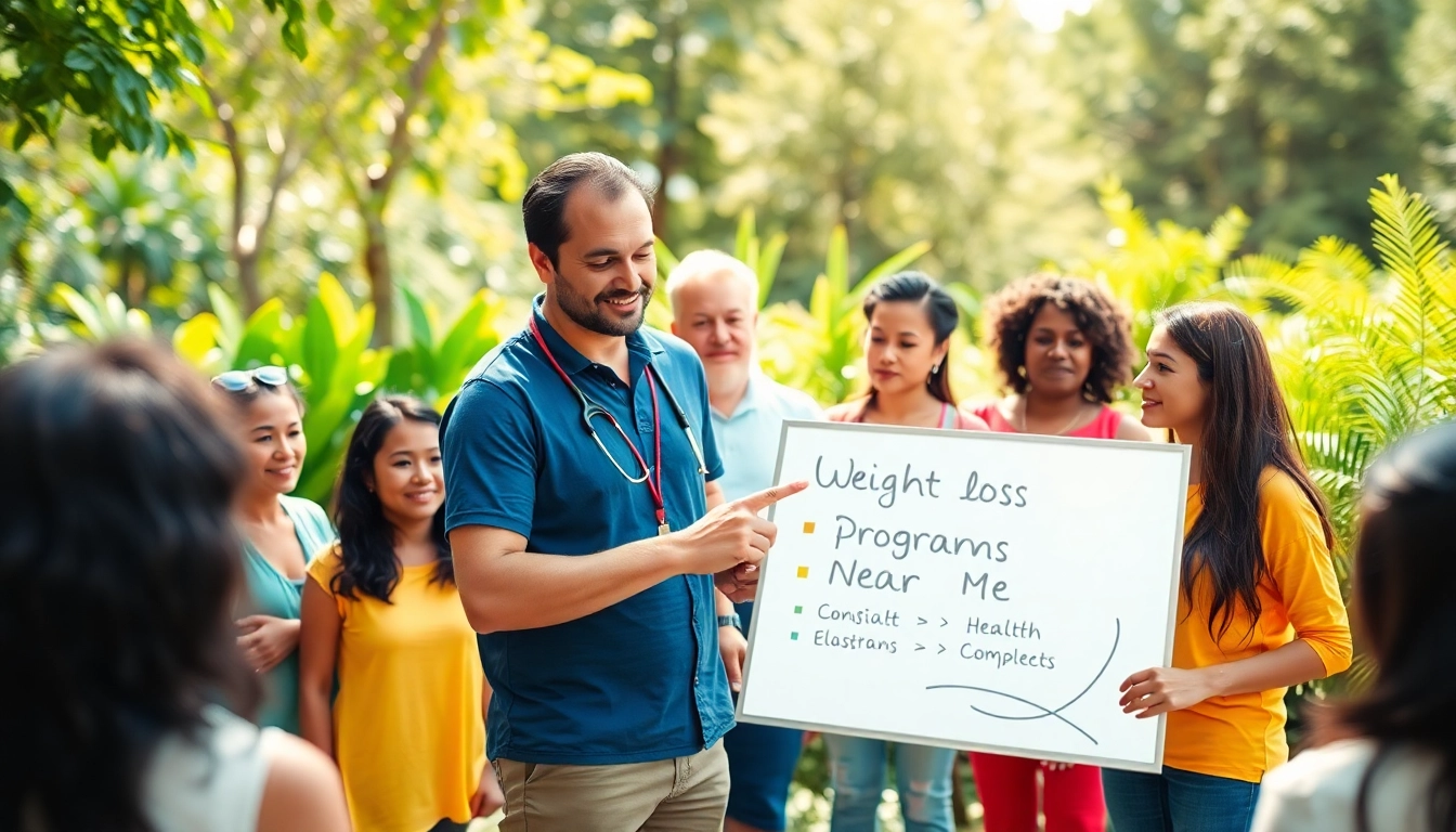Engaged group discussing effective weight loss programs near me in a vibrant outdoor setting.