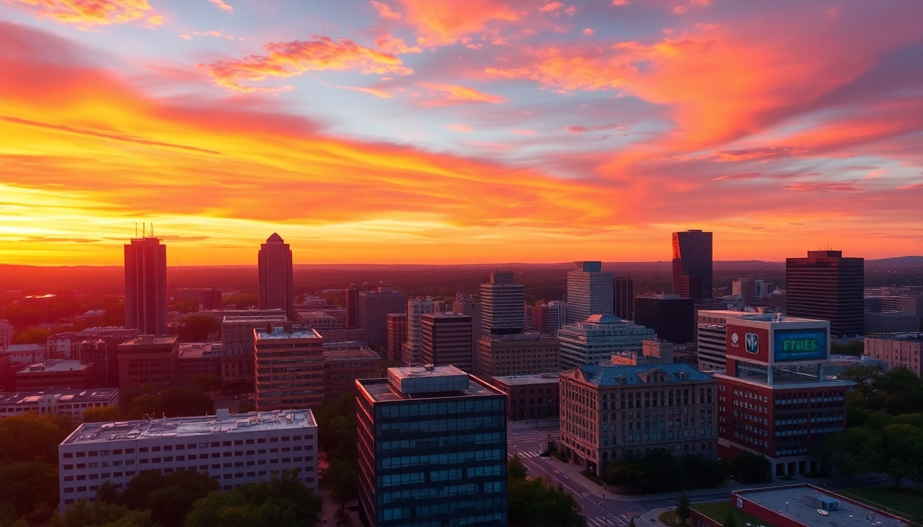 Showcasing the skyline of Greensboro NC against a vibrant sunset.