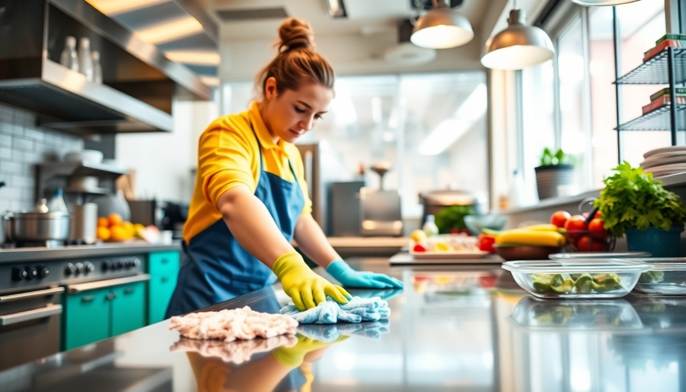 Restaurant Janitorial Cleaning service highlighting a professional cleaner in an active kitchen.