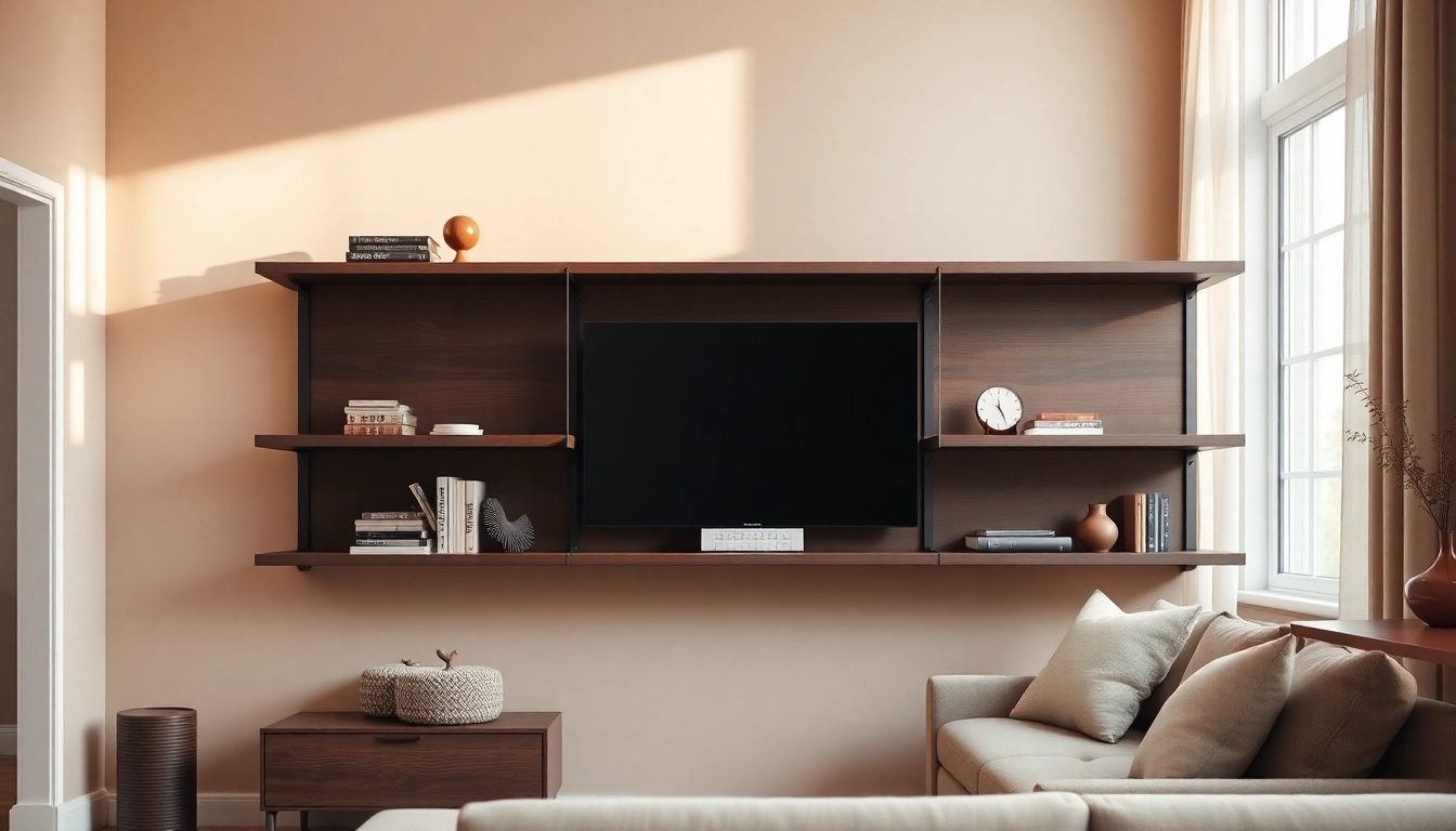 Showcase a Minimalist wall rack adorned with decor, enhancing a tidy living space.