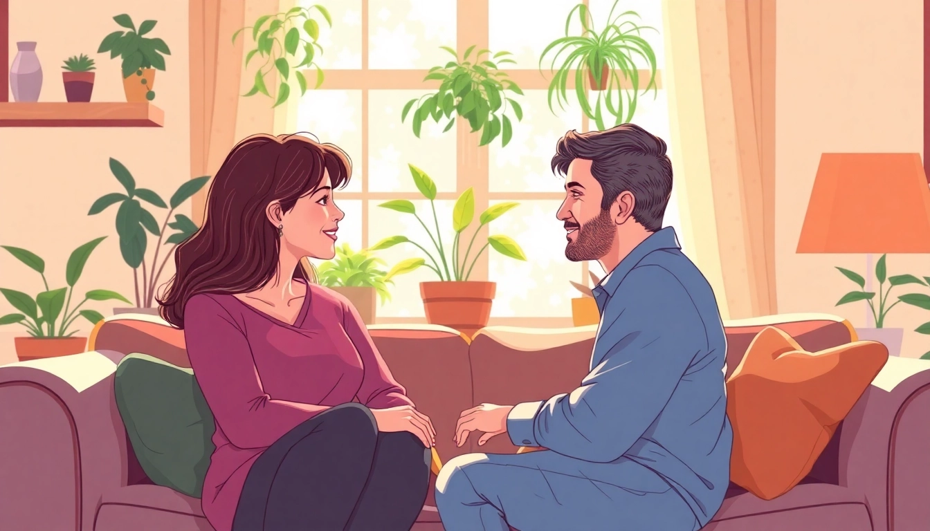 Couple engaging in open communication in relationships amidst a cozy living room setting.