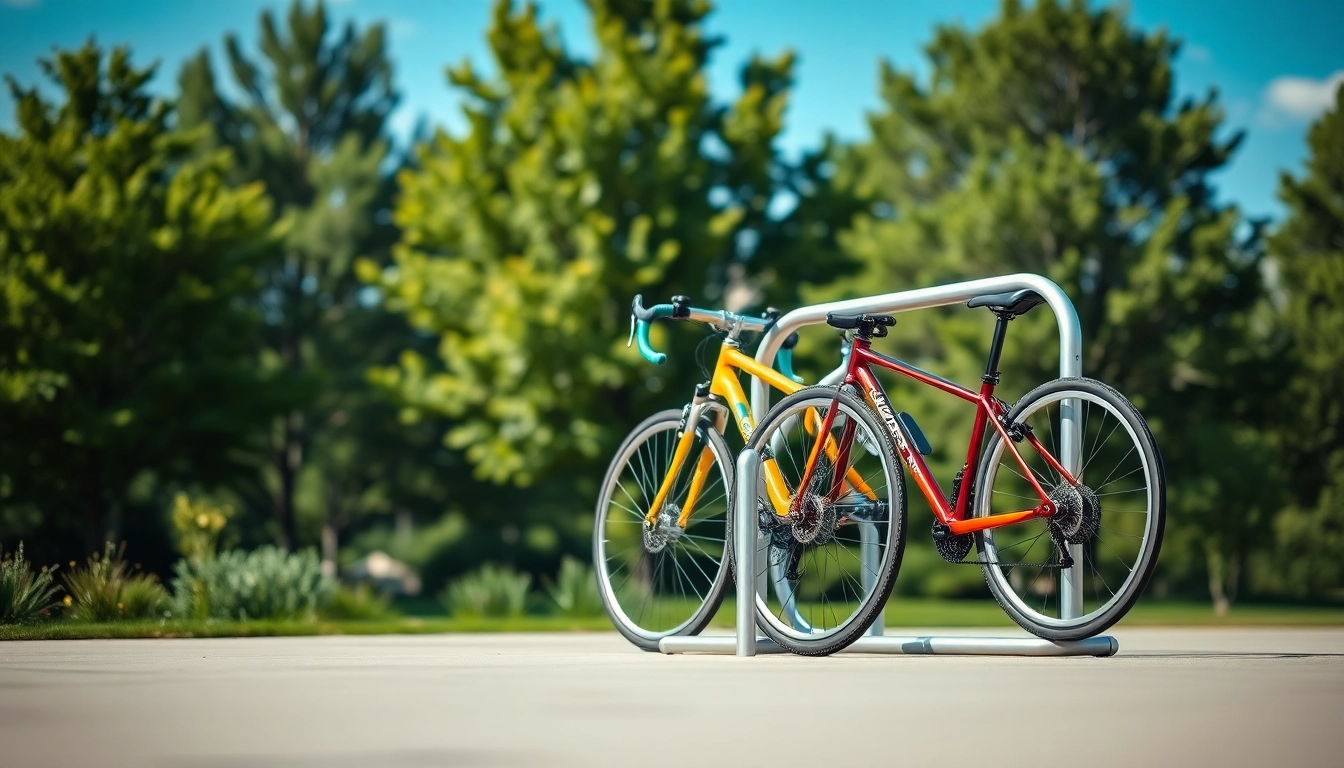 Showcasing a Minimalist bike rack elegantly supporting various styles of bicycles outdoors.