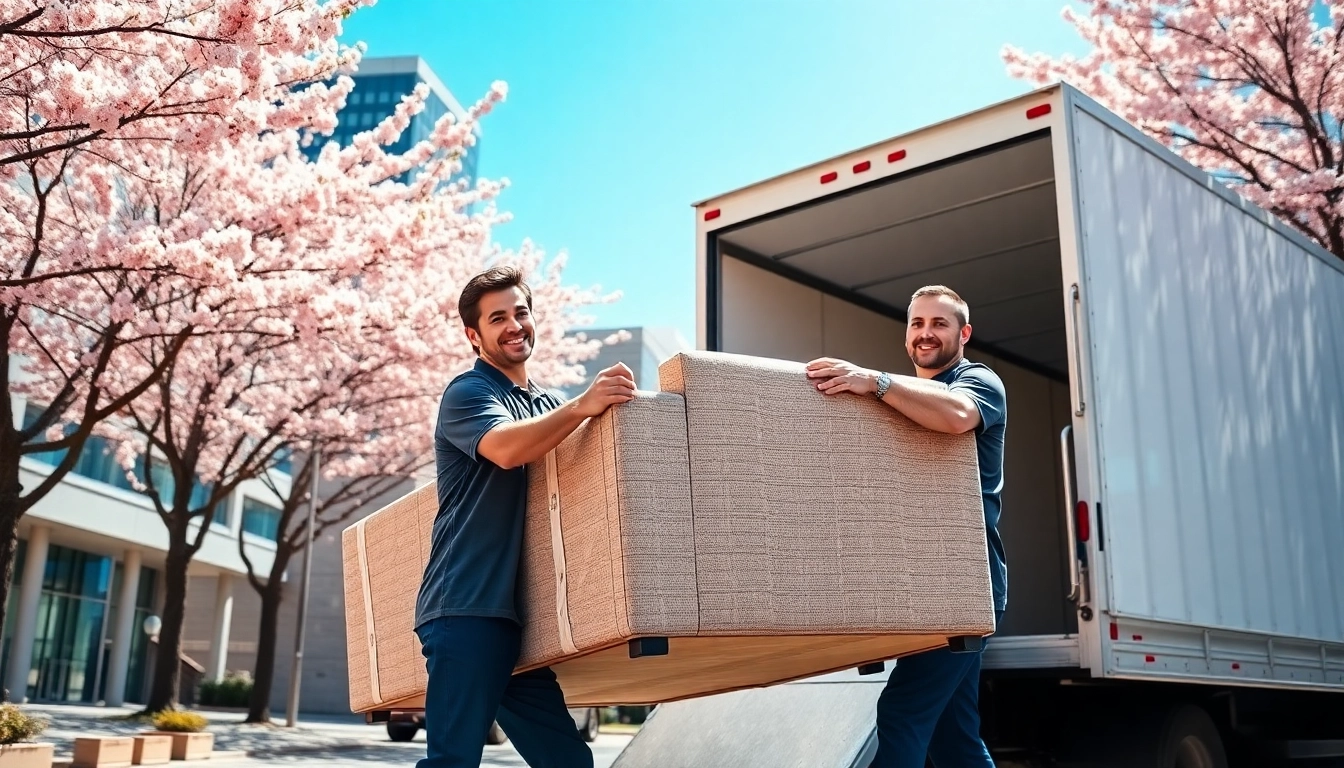 Movers performing Toronto moving services, efficiently loading a truck in a beautiful urban environment.