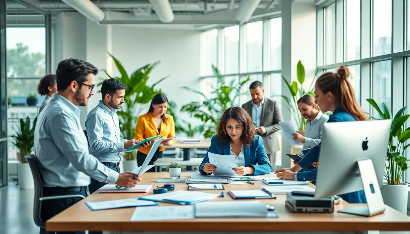 Showcasing QSM document clearing services experts collaborating efficiently in a professional office setting.