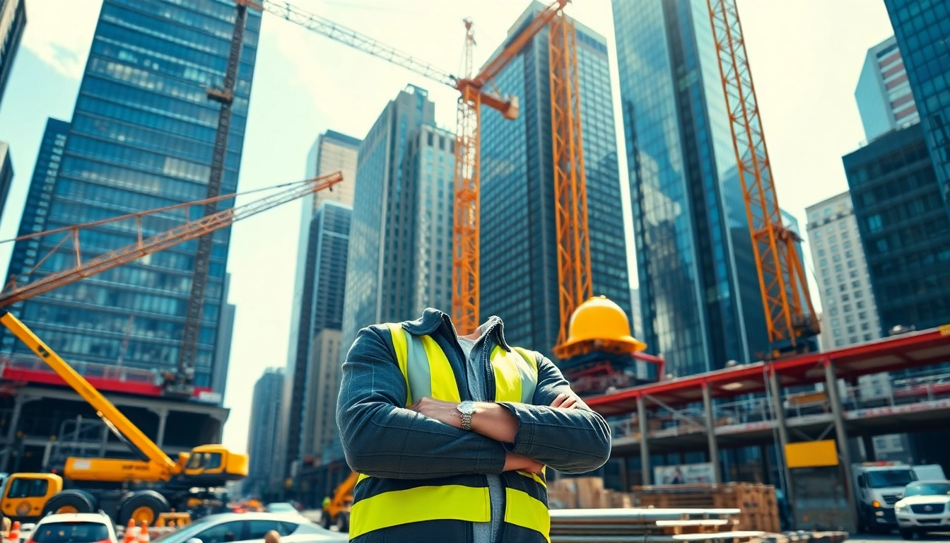 New York City Construction Manager overseeing an active construction site with urban skyline.