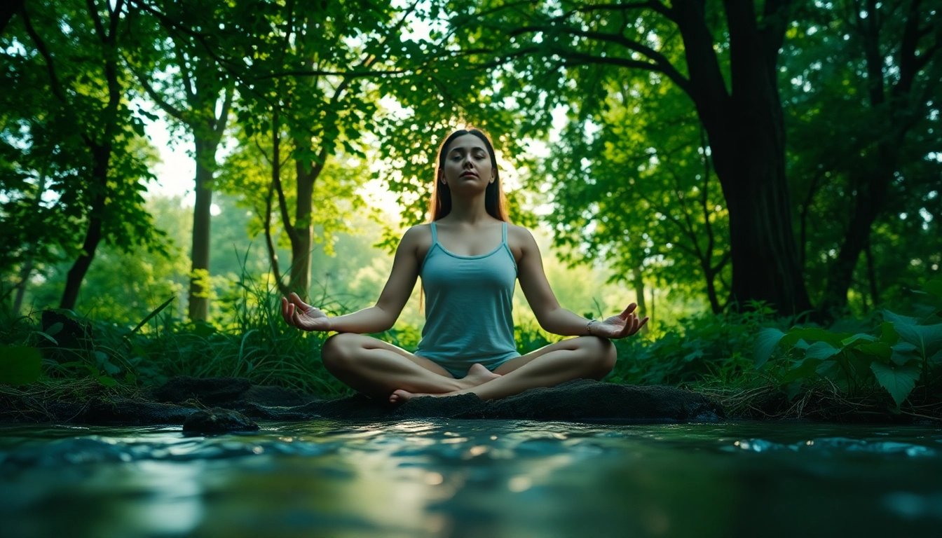 Individual healing trauma through nature meditation in a serene forest setting.