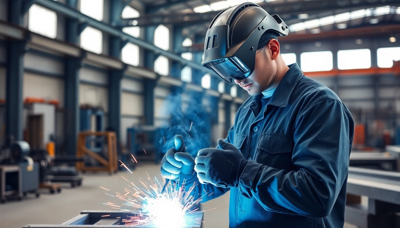 Welder engaging in structural steel welding, showcasing precision in an industrial environment.