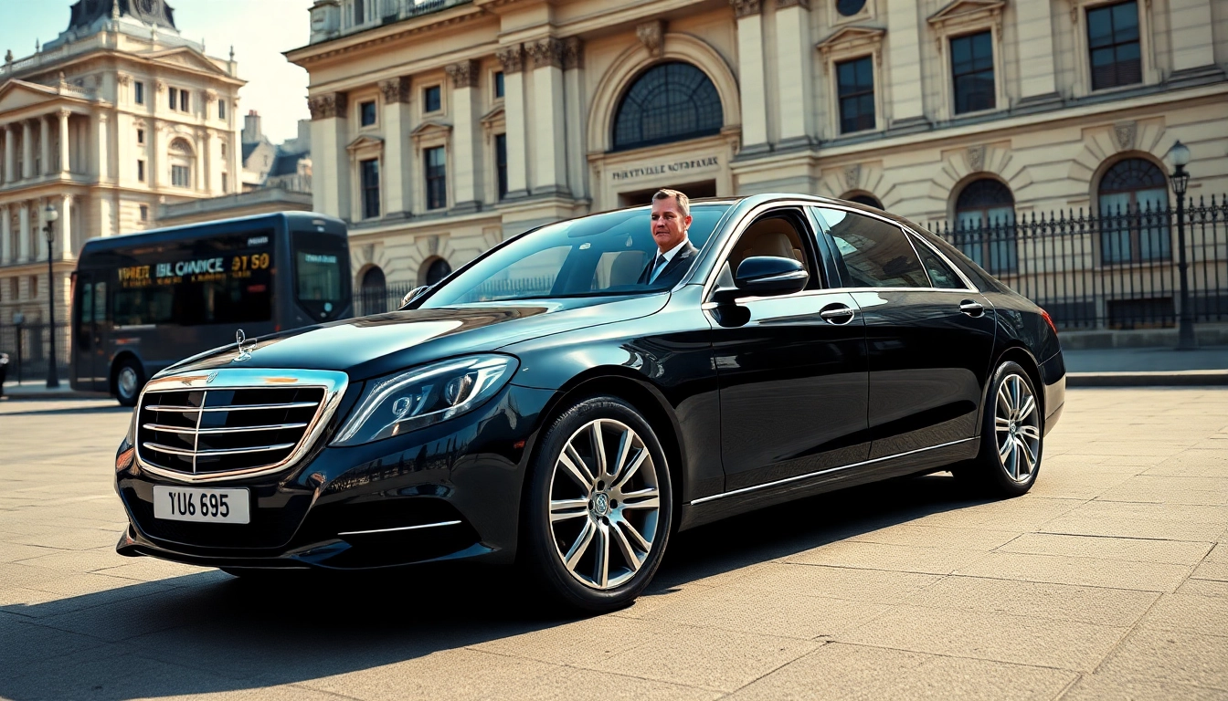 Experience luxury with a professional london chauffeur in front of iconic London architecture.