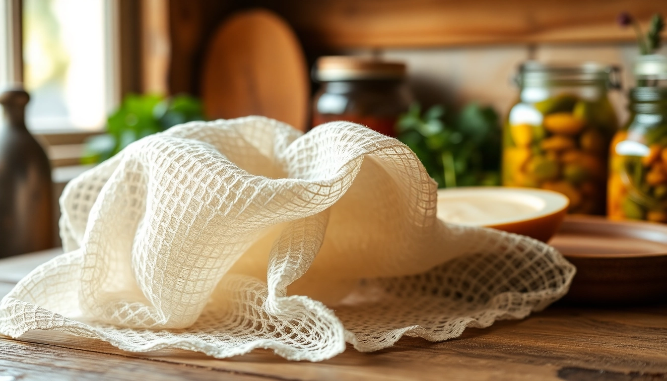 Kaasdoek met druppels op een houten oppervlak, perfect voor het zeven van ingrediënten.