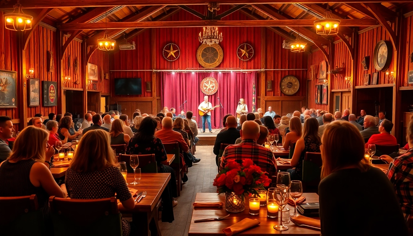 Experience a lively barn dinner theater performance with engaged audience and vibrant decor.