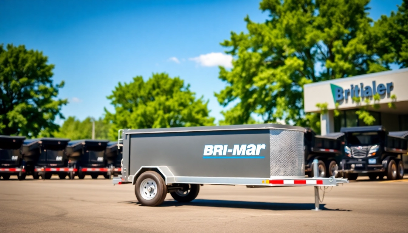 Bri-Mar trailers for sale near me featuring a shiny new dump trailer at a bustling outdoor dealership.