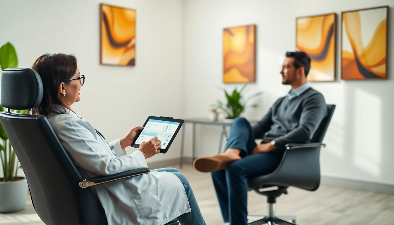 Engaging boutique doctor explaining health plans to a patient in a modern office.